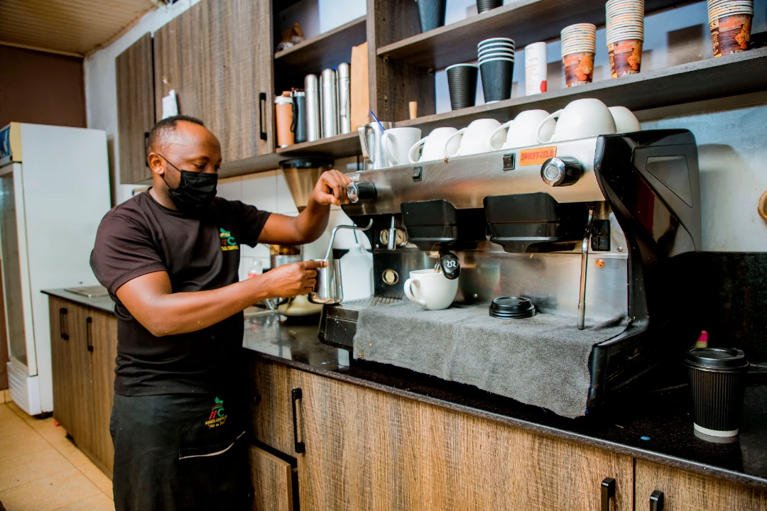 A refreshing cold drink in a bright coffeehouse atmosphere.
