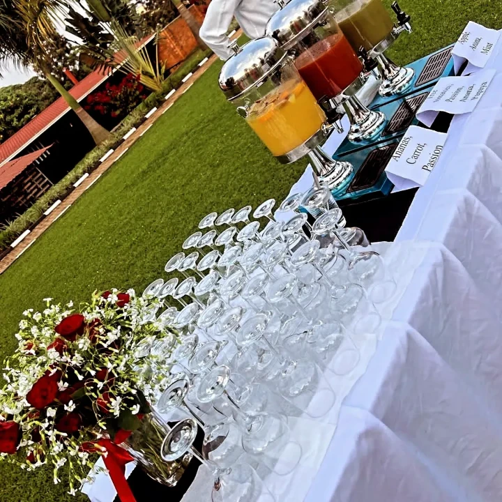 An event table prepared with hospitality and food service.